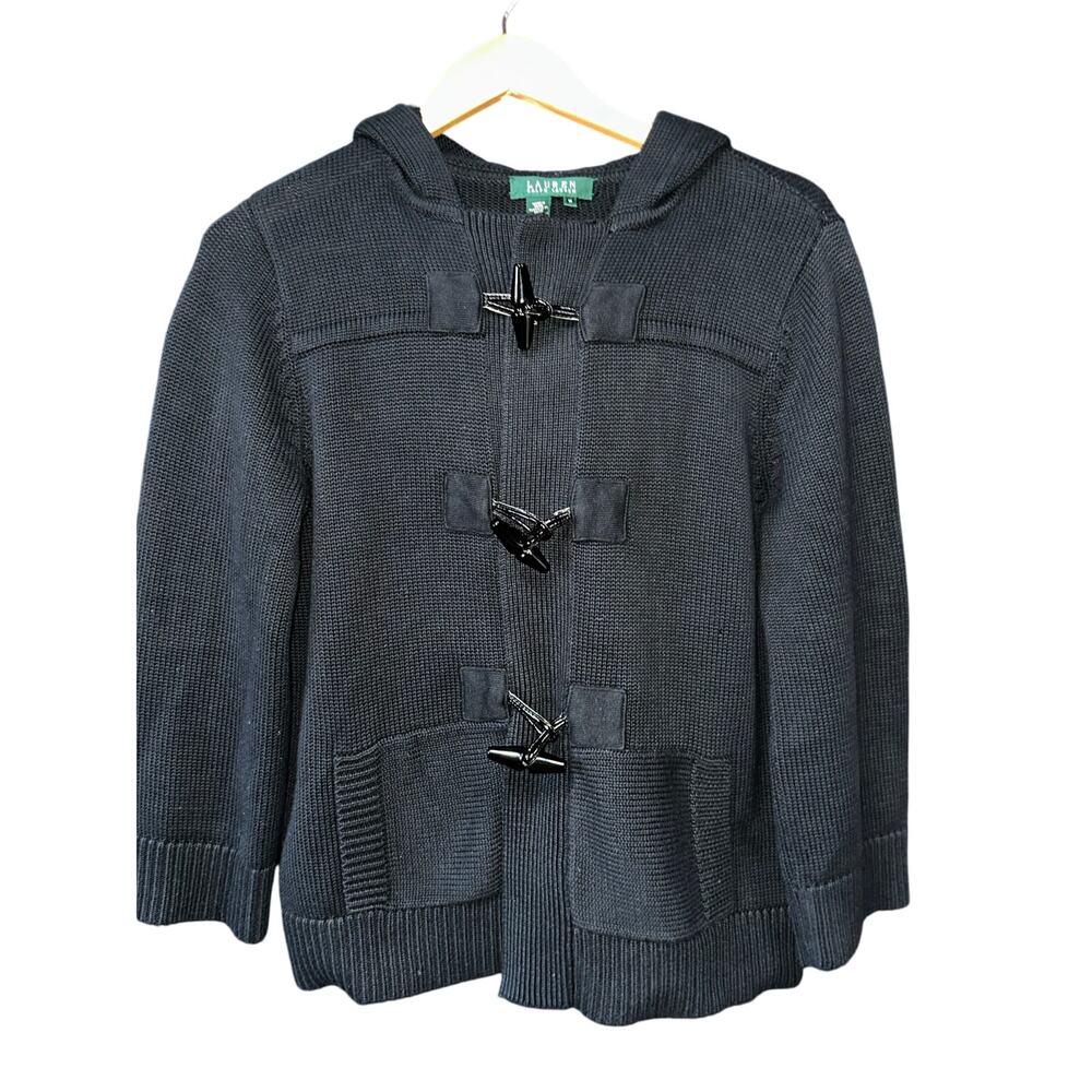 Lauren Ralph Lauren Cardigan Sweater Toggle Closure Hood Black M Timeless Preppy